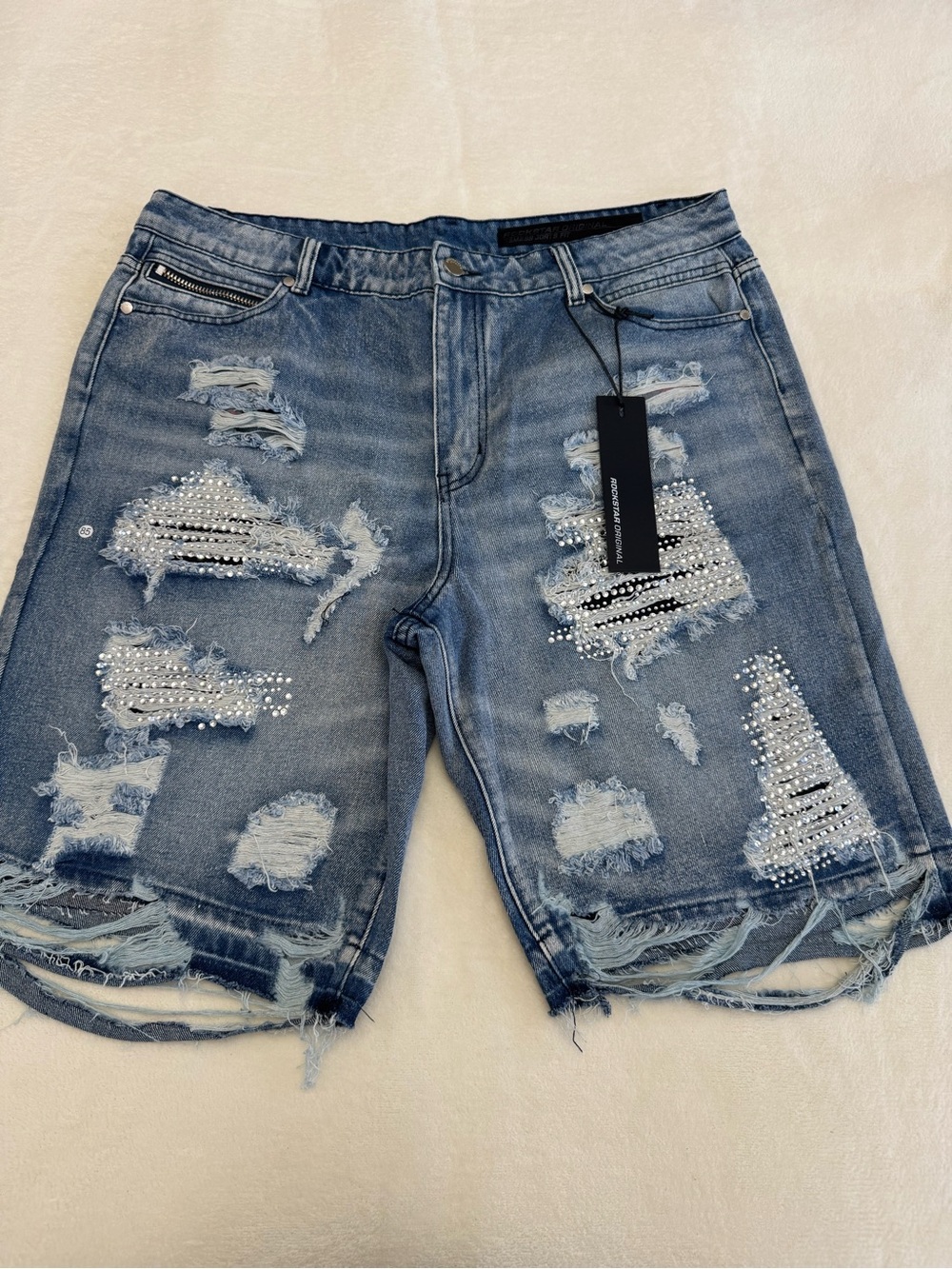 Men's Distressed Blue Denim Jean Shorts with Pearl Embellishment